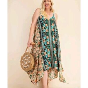 Kori America Floral Spaghetti Strap Dress Sz M Flowy Boho Vacation Festival